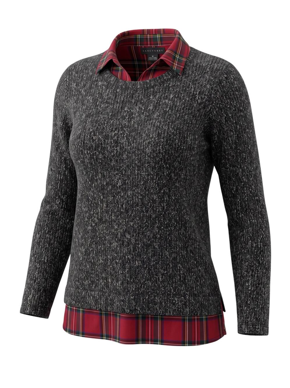 Sanctuary Women's M Gray Marled Twofer Layered Sweater Red Plaid Collar and Hem
